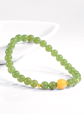 天然和田玉碧玉蜜蜡手链玉石佛珠送女友古风手串高档手串时尚手饰