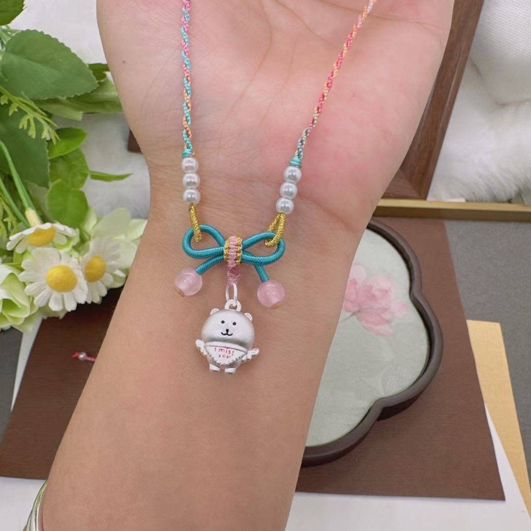 足银999 天使自嘲熊吊坠纯银可爱卡通手工编绳儿童节礼物送女友,淘宝优惠券,粉丝福利购,淘宝优惠卷