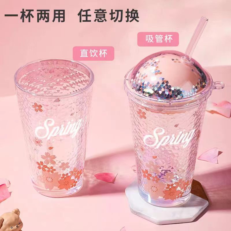 夏季网红樱花星空盖吸管杯玻璃杯女生吸管高颜值玻璃刻度杯水杯