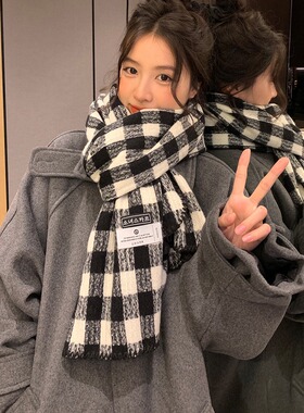 鹿森|秋冬季新款韩版氛围感情侣围脖学生绿色格子保暖围巾男女