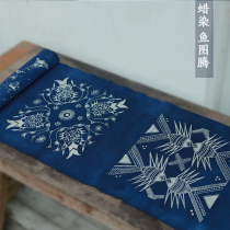 Water Home Workshop Guizhou Handmade Wax Dyeing Traditional Miao Fish Totem Grass Wood Dyeing Tea Banner Cloth Decoration Painting Cloth Art zen