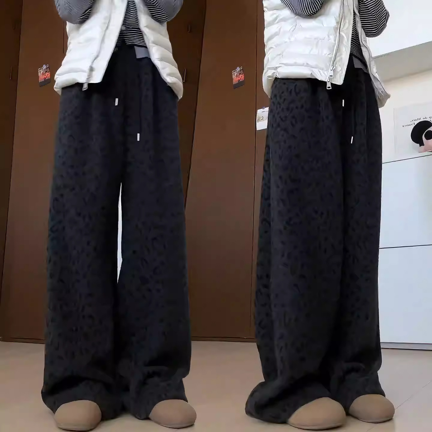 加绒加厚羊毛呢抽绳阔腿裤女2025秋冬季新款休闲豹纹弯刀拖地裤子,淘宝优惠券,粉丝福利购,淘宝优惠卷