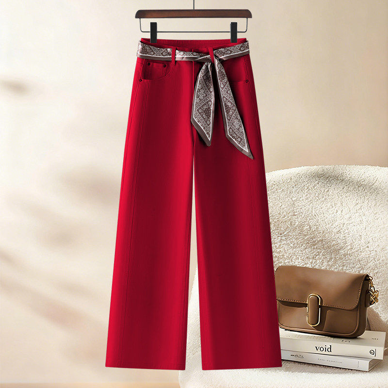 红色复古阔腿牛仔裤女2026新款春季美式高腰显瘦宽小个子直筒裤子,淘宝优惠券,粉丝福利购,淘宝优惠卷