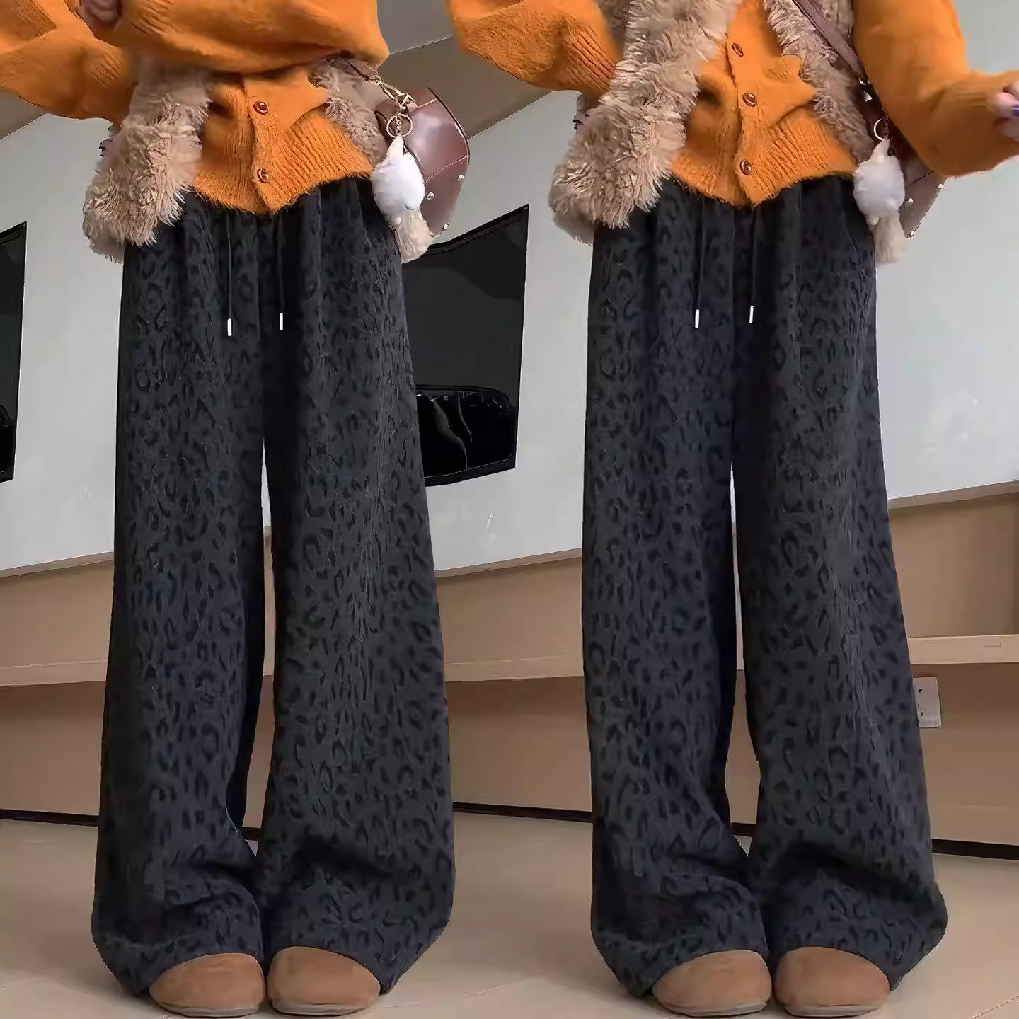 加绒加厚羊毛呢抽绳阔腿裤女2025秋冬季新款休闲豹纹弯刀拖地裤子,淘宝优惠券,粉丝福利购,淘宝优惠卷