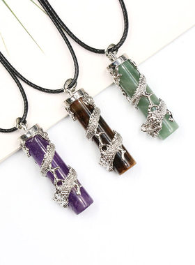 欧美旗舰店饰品紫水晶绿东陵虎眼石威武龙抱圆柱吊坠ebay水晶吊坠