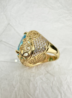 欧美外贸品牌打标奢华大克拉女戒指天然蓝水晶蓝宝石镂空花纹戒指