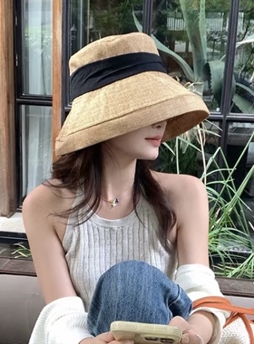 日系亚麻透气大帽沿渔夫帽女
