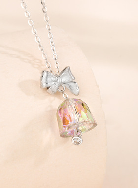 s925纯银拉丝蝴蝶结铃铛项链女灵