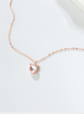 s925纯银小猫咪项链锁骨链玫瑰金