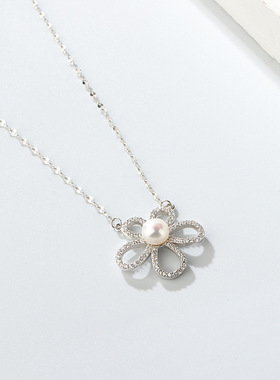 五瓣花朵珍珠项链女925纯银太阳
