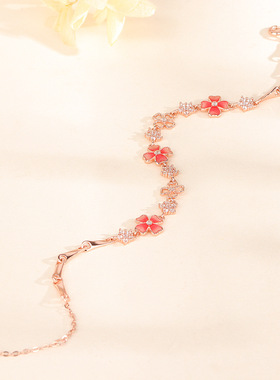 s925纯银四叶草手链女轻奢粉珐琅