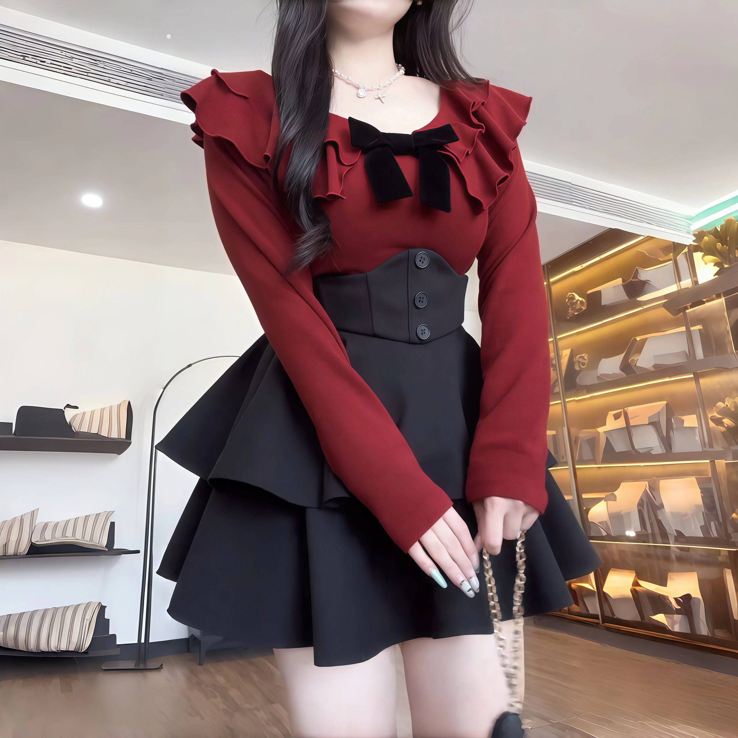 大码胖MM法式蝴蝶结荷叶边上衣A字半身裙女秋冬季显瘦束腰两件套,淘宝优惠券,粉丝福利购,淘宝优惠卷