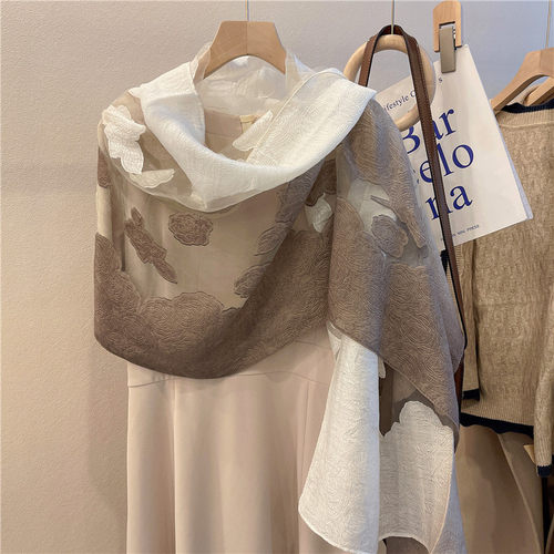 立体感剪花工艺围巾女春秋季韩版欧根纱玫瑰长款丝巾纱巾披肩两用 - 图1