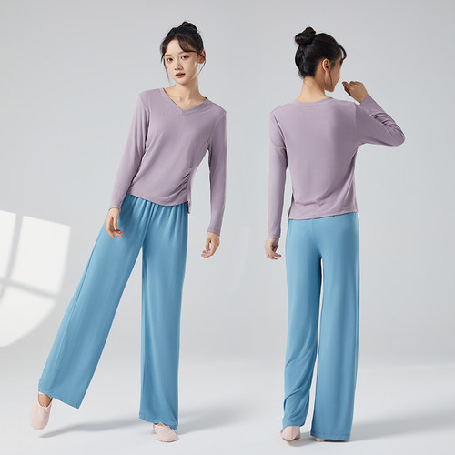 春夏新款V领广场舞上衣现代舞舞蹈衣形体练功服训练直筒阔腿裤女 - 图1