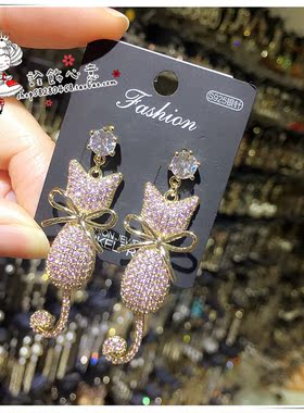 轻奢925银针微镶猫咪满钻蝴蝶结