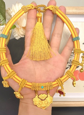 网红爆款宝宝周岁项圈金锁挂绳抓周拍照婴儿平安锁手工编绳双圈