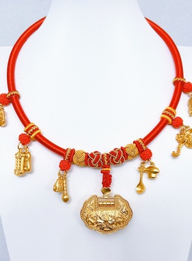 婴儿满月百日编织长命锁红挂绳平安锁项链宝宝周岁礼物金锁项圈