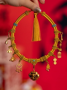 网红爆款宝宝周岁项圈金锁挂绳抓周拍照婴儿平安锁手工编绳双圈