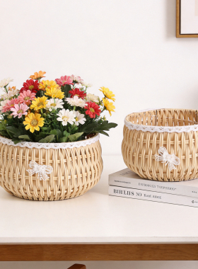 手工编织藤编花篮仿真花田园蝴蝶标蕾丝边玫瑰花盆栽家居装饰摆件