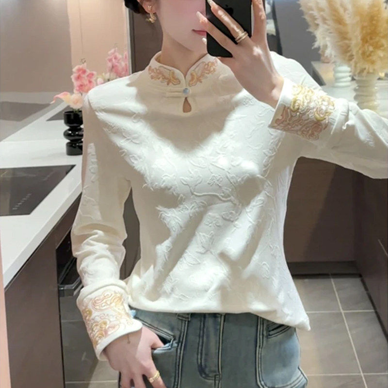新中式国风刺绣上衣内搭女装长袖T恤春秋冬新款加绒加厚打底小衫,淘宝优惠券,粉丝福利购,淘宝优惠卷