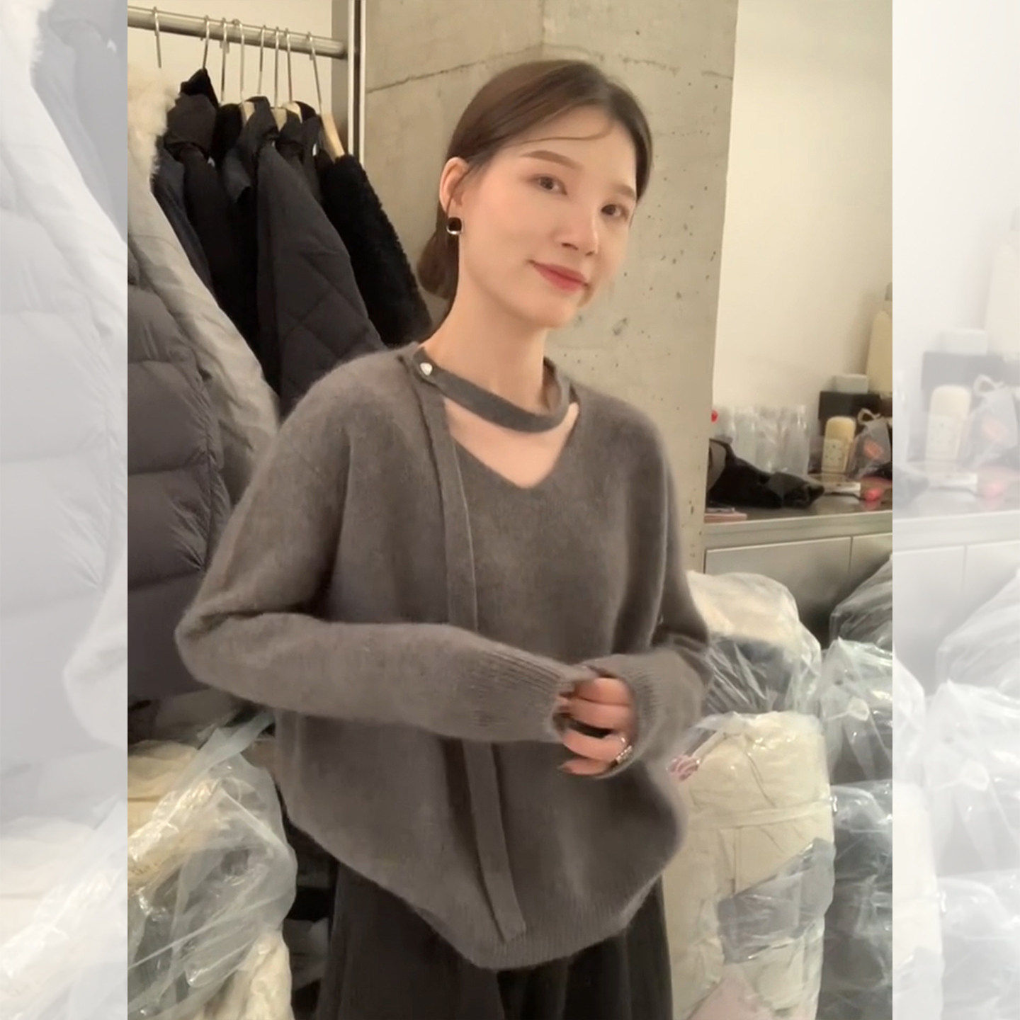 韩系灰色V领飘带针织打底衫女秋冬季慵懒高级感毛衣内搭宽松上衣,淘宝优惠券,粉丝福利购,淘宝优惠卷