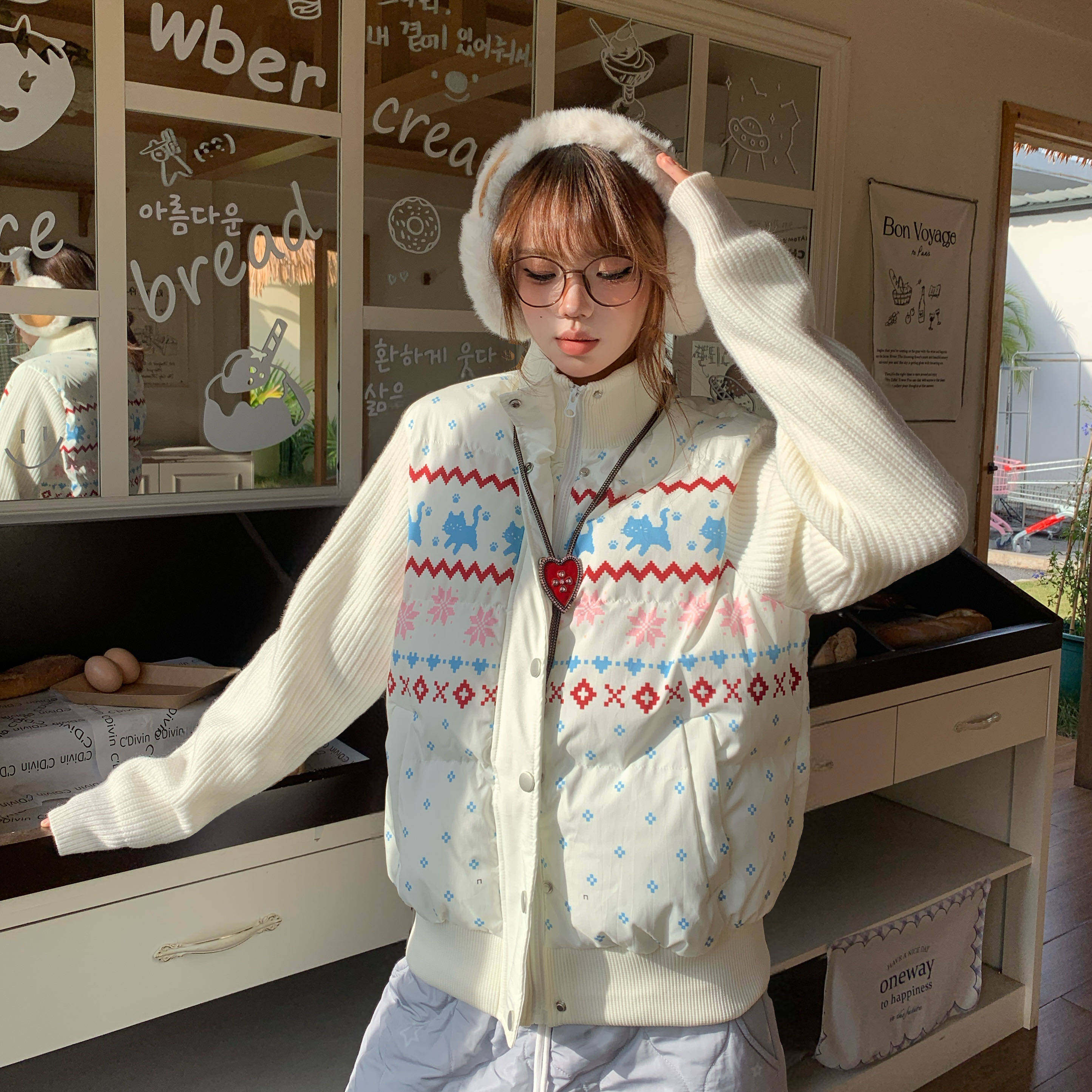 Amoeba甜酷费尔岛拼接针织立领棉服女冬季保暖加厚显瘦棉衣外套,淘宝优惠券,粉丝福利购,淘宝优惠卷