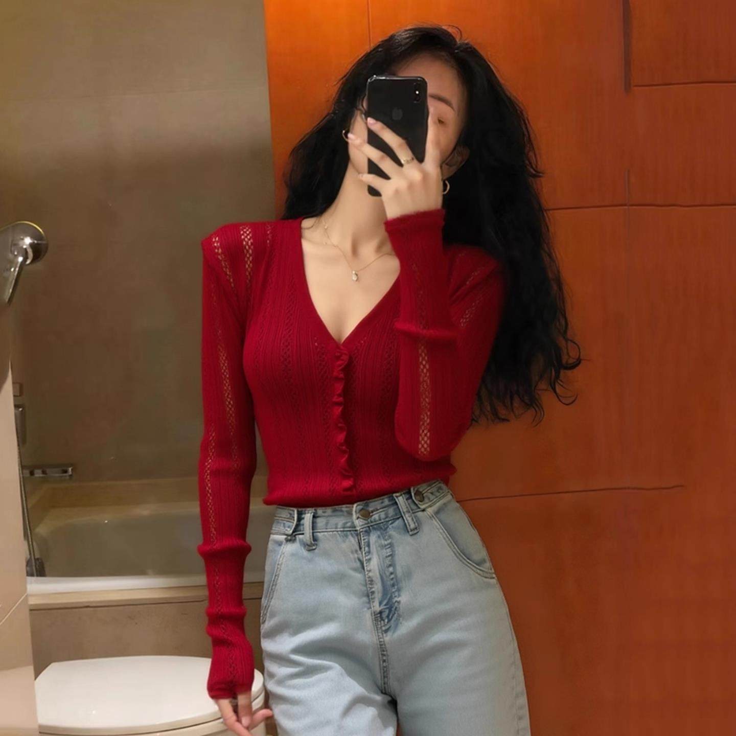 小香风圣诞新年红色毛衣针织开衫女秋冬修身性感内搭打底外套上衣,淘宝优惠券,粉丝福利购,淘宝优惠卷