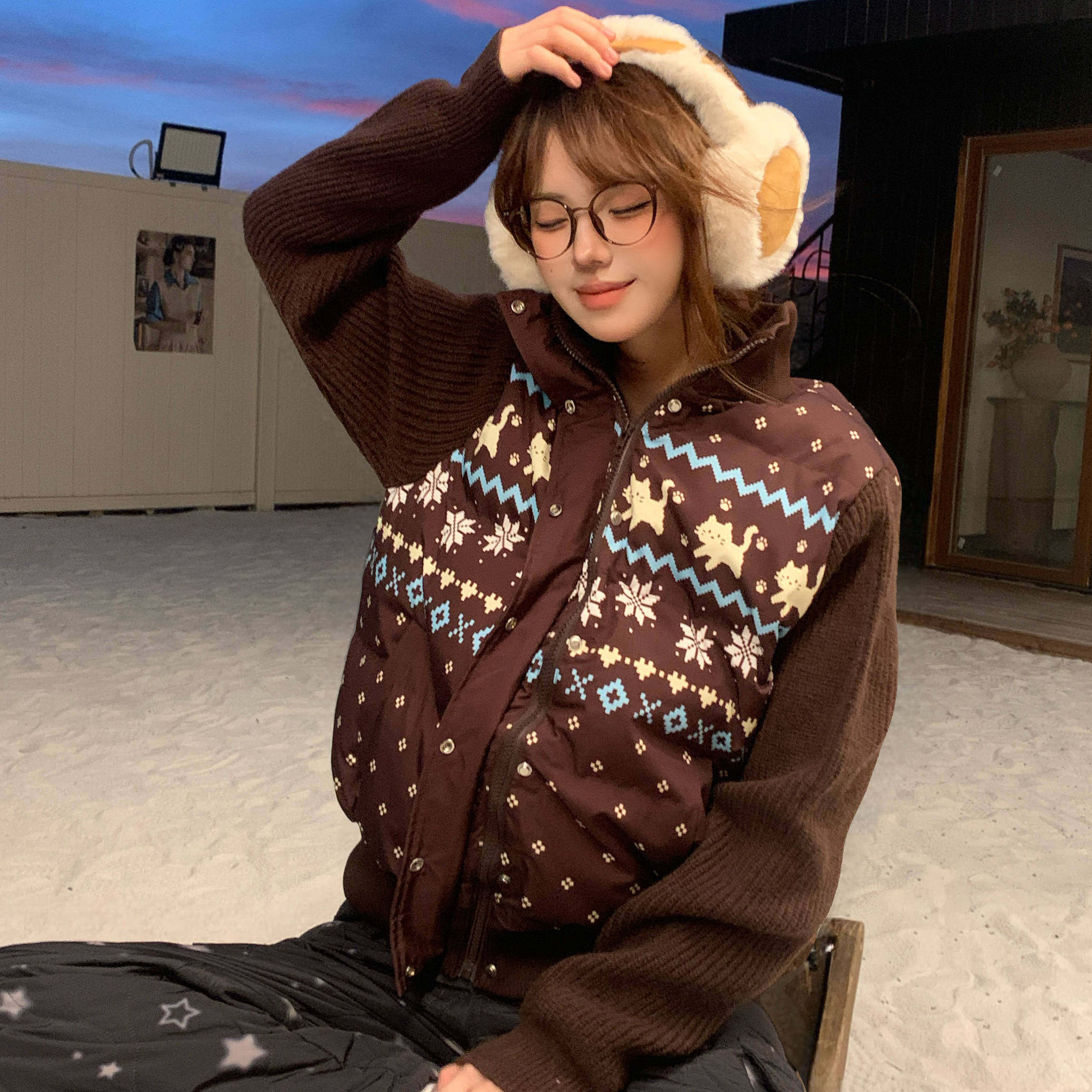 Amoeba甜酷费尔岛拼接针织立领棉服女冬季保暖加厚显瘦棉衣外套,淘宝优惠券,粉丝福利购,淘宝优惠卷