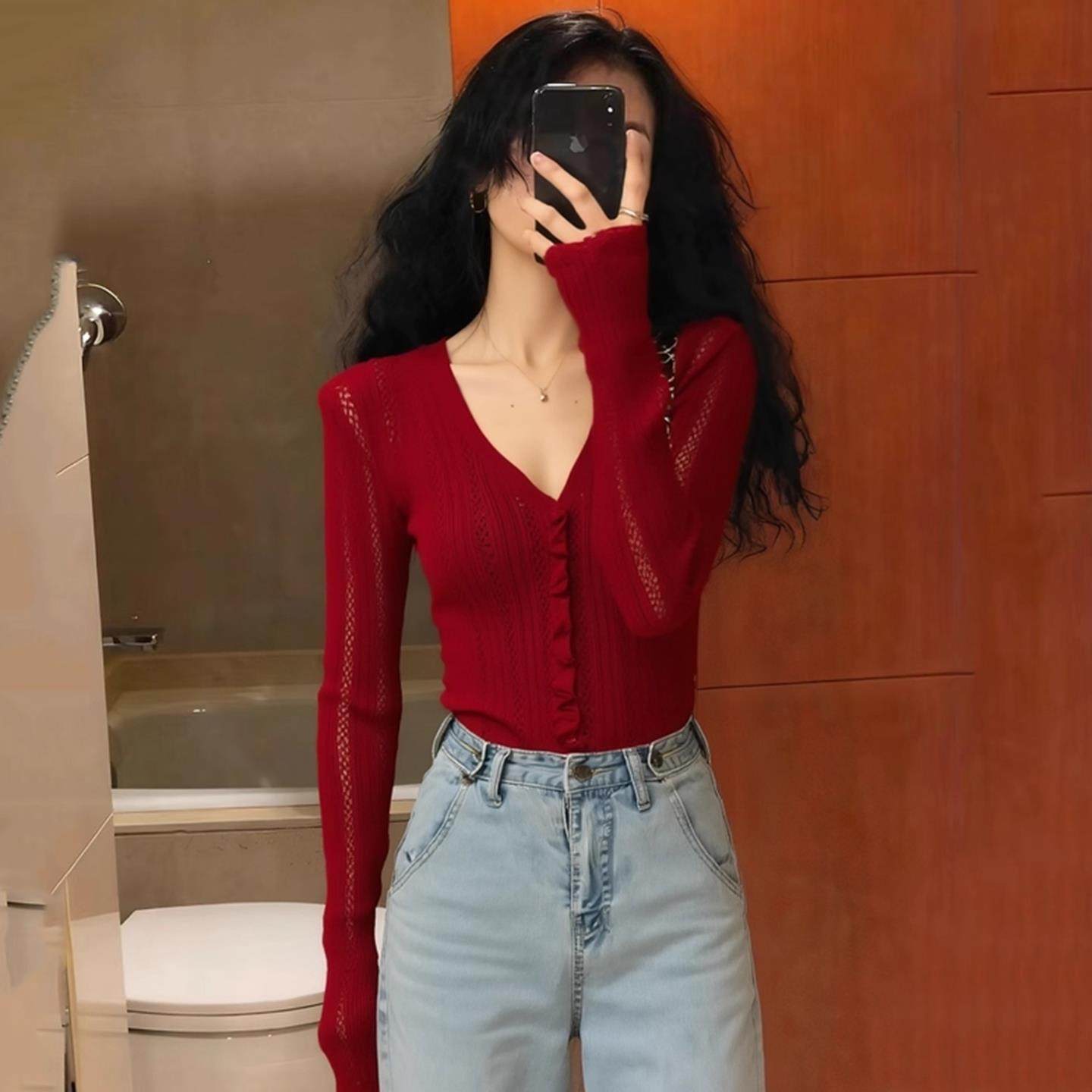 小香风圣诞新年红色毛衣针织开衫女秋冬修身性感内搭打底外套上衣,淘宝优惠券,粉丝福利购,淘宝优惠卷