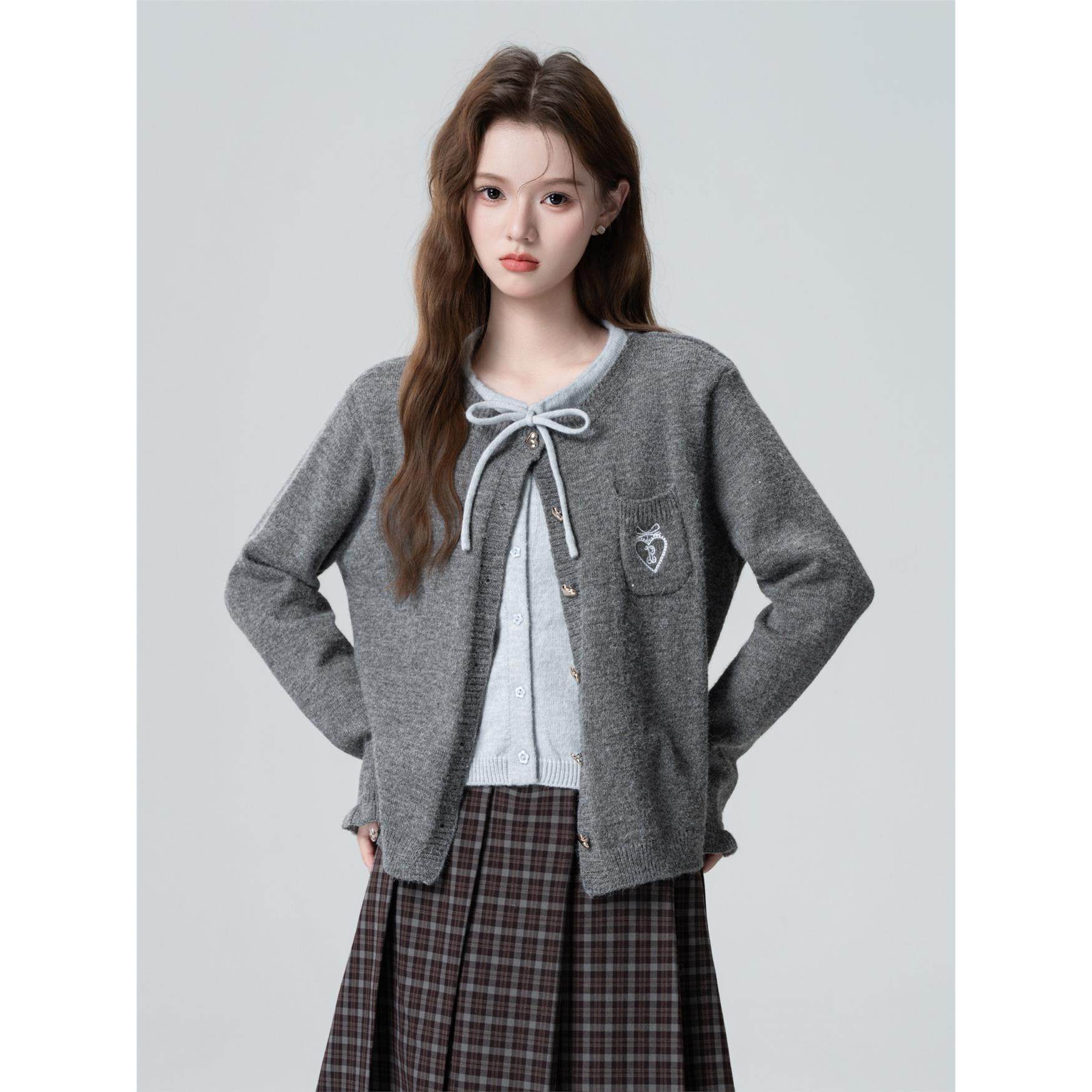 深灰色蝴蝶结针织开衫女春秋2025秋季新款假两件毛衣外套短款上衣,淘宝优惠券,粉丝福利购,淘宝优惠卷