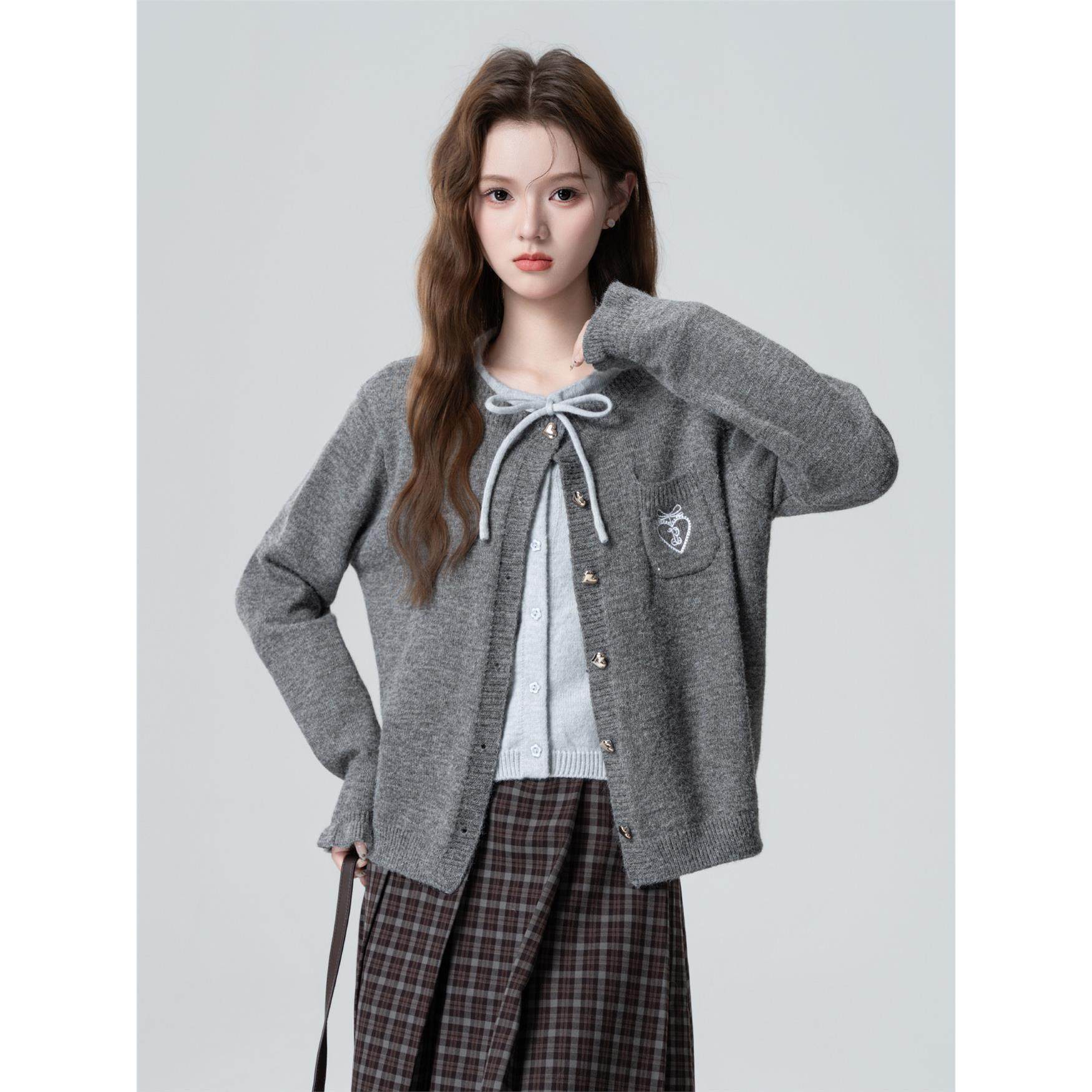 深灰色蝴蝶结针织开衫女春秋2025秋季新款假两件毛衣外套短款上衣,淘宝优惠券,粉丝福利购,淘宝优惠卷