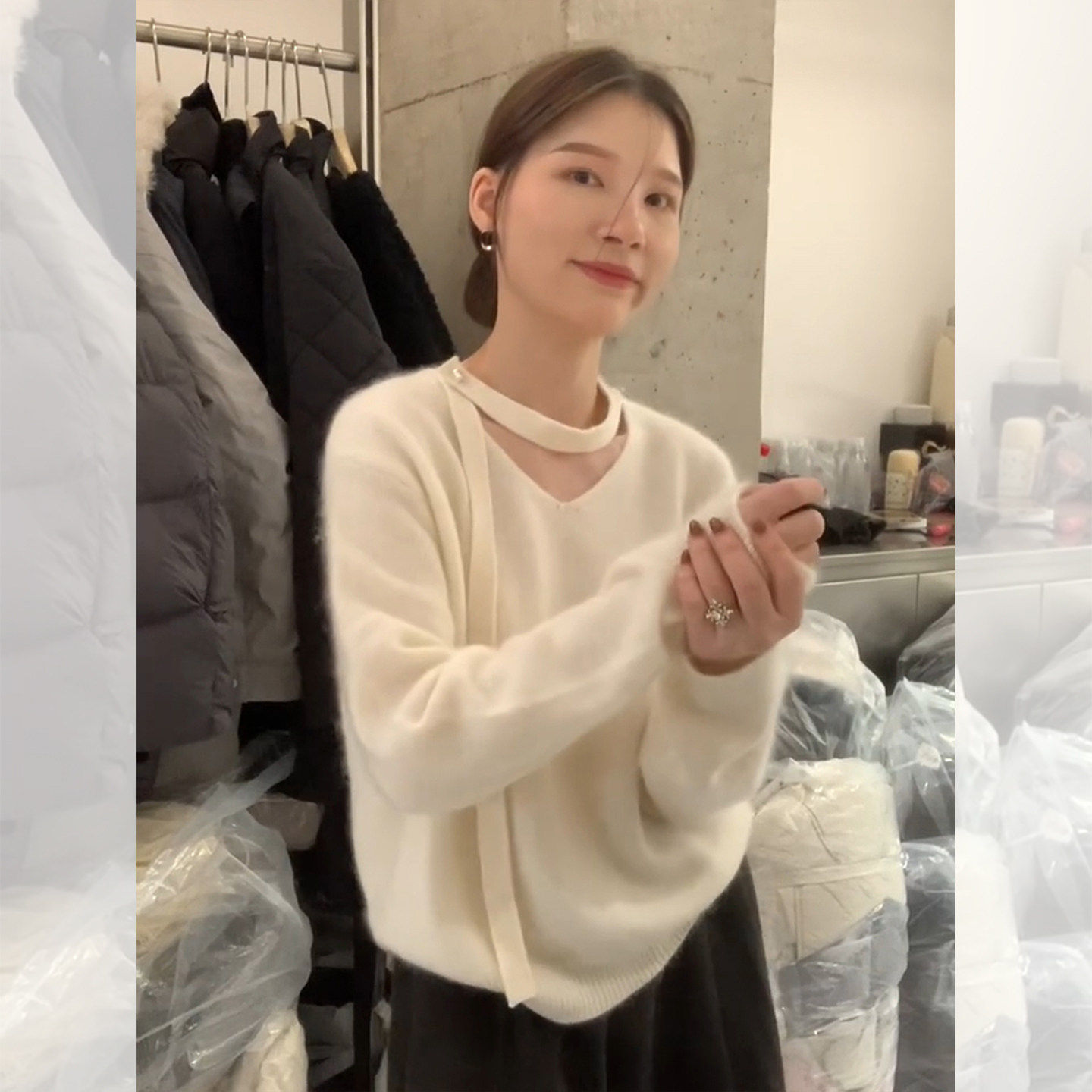 韩系灰色V领飘带针织打底衫女秋冬季慵懒高级感毛衣内搭宽松上衣,淘宝优惠券,粉丝福利购,淘宝优惠卷