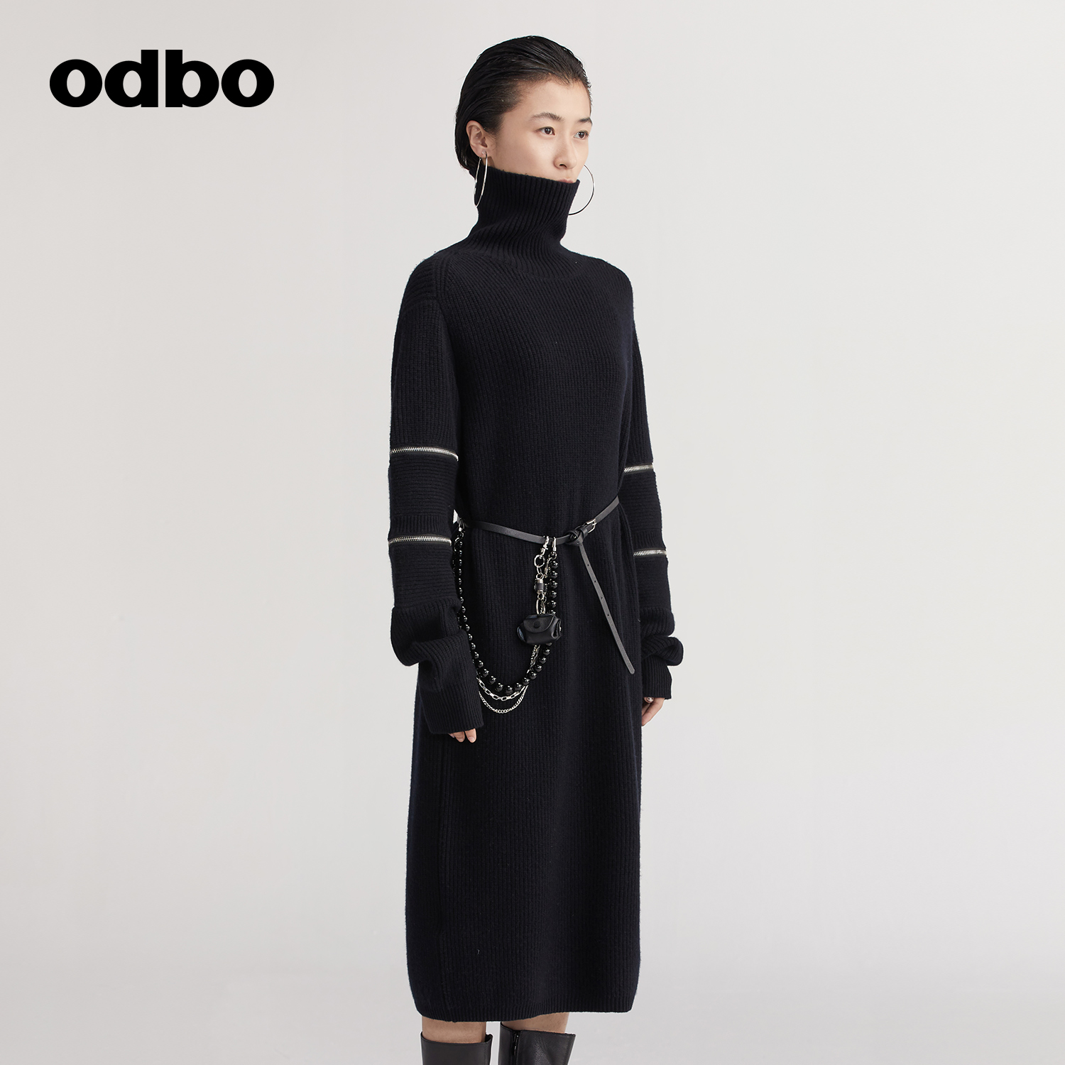 odbo/欧迪比欧原创设计黑色套头连衣裙秋冬女慵懒风时尚百搭裙子 - 图0