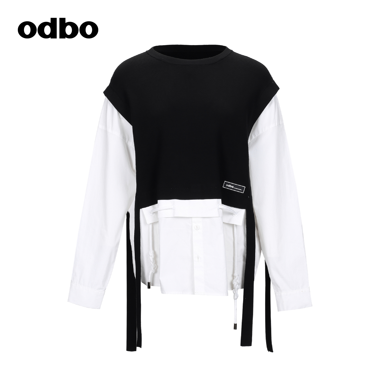 odbo/欧迪比欧时尚工装风假两件叠穿衬衫女秋冬港风复古百搭上衣