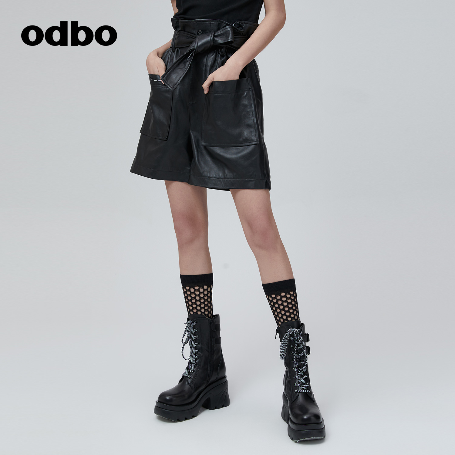 odbo 高端品牌花苞高腰羊皮革短裤女秋冬新款系腰带显瘦潮