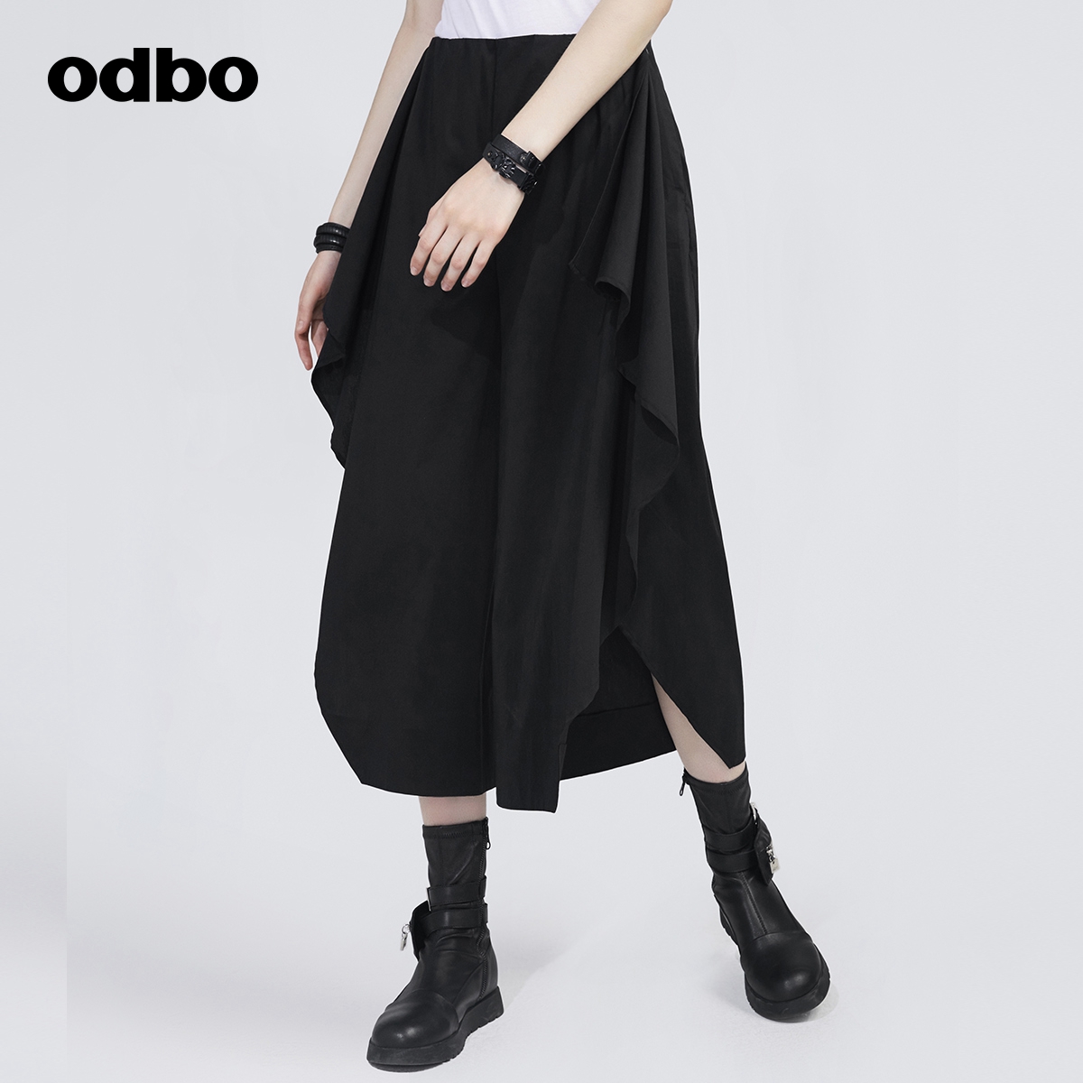 odbo/欧迪比欧原创设计黑色不对称阔腿裤女秋装新款休闲裙裤-图0