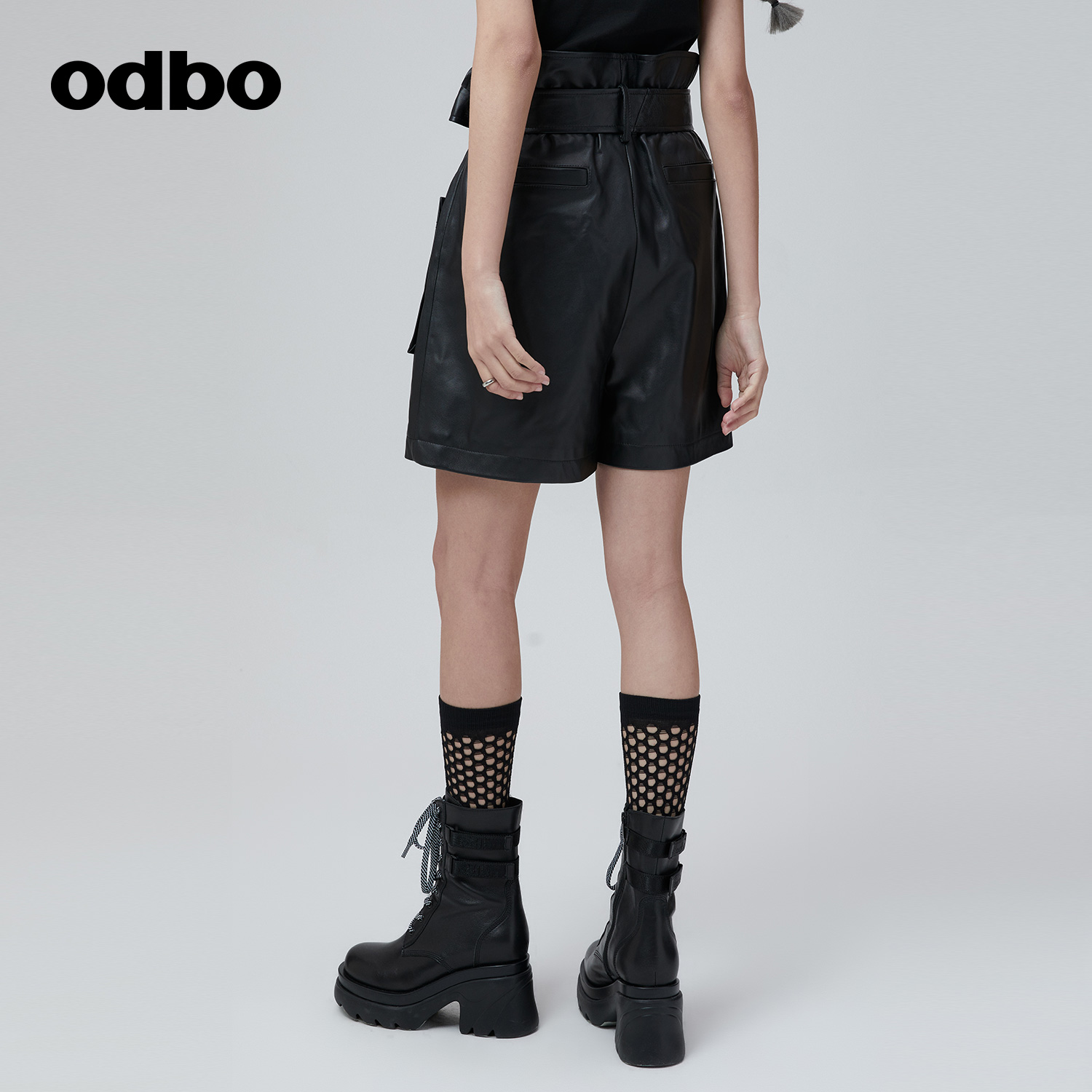 odbo 高端品牌花苞高腰羊皮革短裤女秋冬新款系腰带显瘦潮