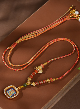 藏式吊坠绳方形唐卡镶钻手绘扎基拉姆新国潮国风小众新中式男女款