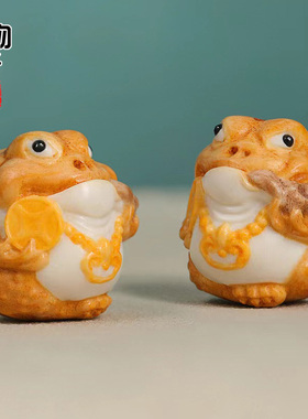 天然鹿角雕刻金蟾吊坠配珠手工彩绘根付挂件项坠配饰配件