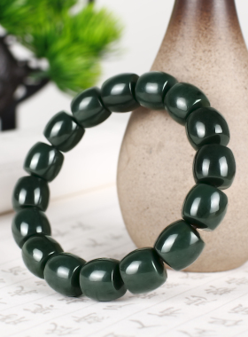 天然和田玉青绿老形珠手串14MM
