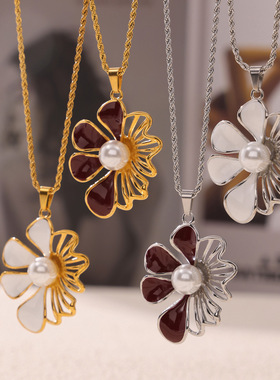 欧美简约个性砝码彩釉设计感花朵吊坠钛钢麻花链气质优雅贝珠项链