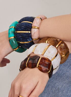 谜丽 莫兰迪配色树脂宽面弹力手链欧美高质感时尚百搭不锈钢手环