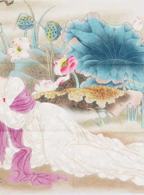 纯手工四尺香荷题款人物画