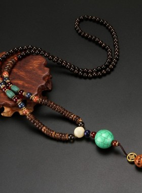 民族风复古长款木珠配饰毛衣链