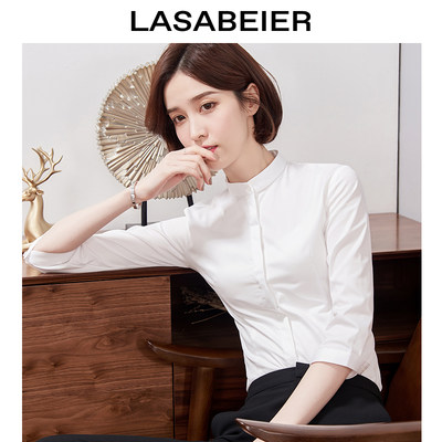 立领白衬衫女七分袖职业装春夏新款韩版修身短袖白衬衣工作服 虎窝淘