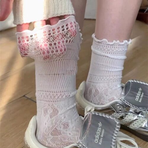 白色镂空蕾丝堆堆袜子女芭蕾风夏季薄款中筒花边JK长袜配玛丽珍鞋 - 图3