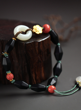 《六伴平安》24K黄金六瓣梅和田玉平安环手链手串