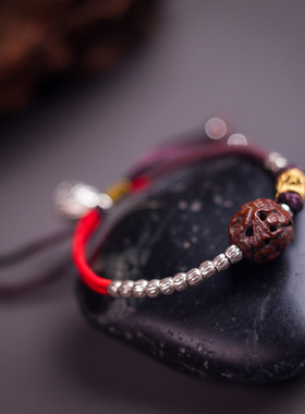 四君子桃核雕刻手链黄金纯银