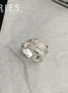 S925纯银条纹编织交织复古戒指