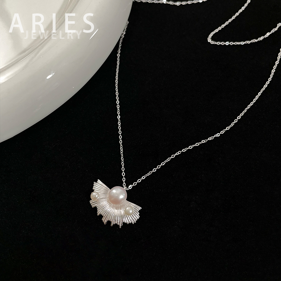 Aries S925纯银天然珍珠叶子项链小众复古轻奢时尚气质毛衣链55cm-图0